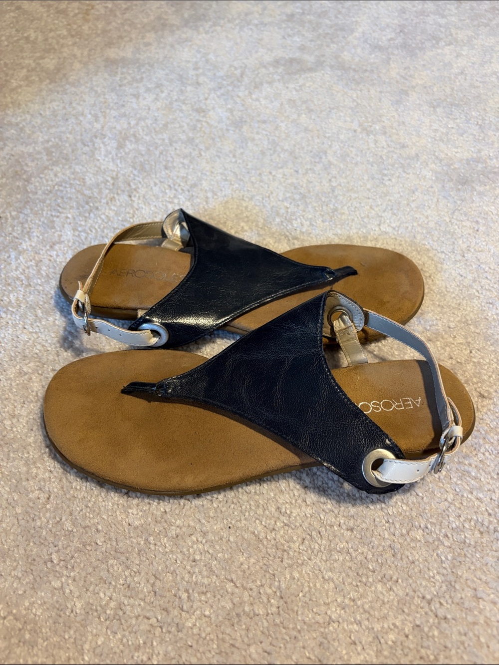 AEROSOLES Navy and Tan Toe-Loop Slingback Sandals